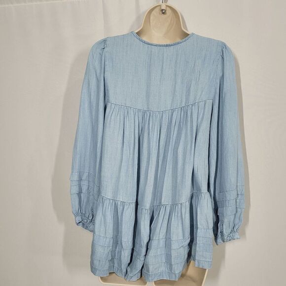 American Eagle Blue Chambray Denim Flowy Ruffle Blouse Size X-Small - Picture 3 of 8